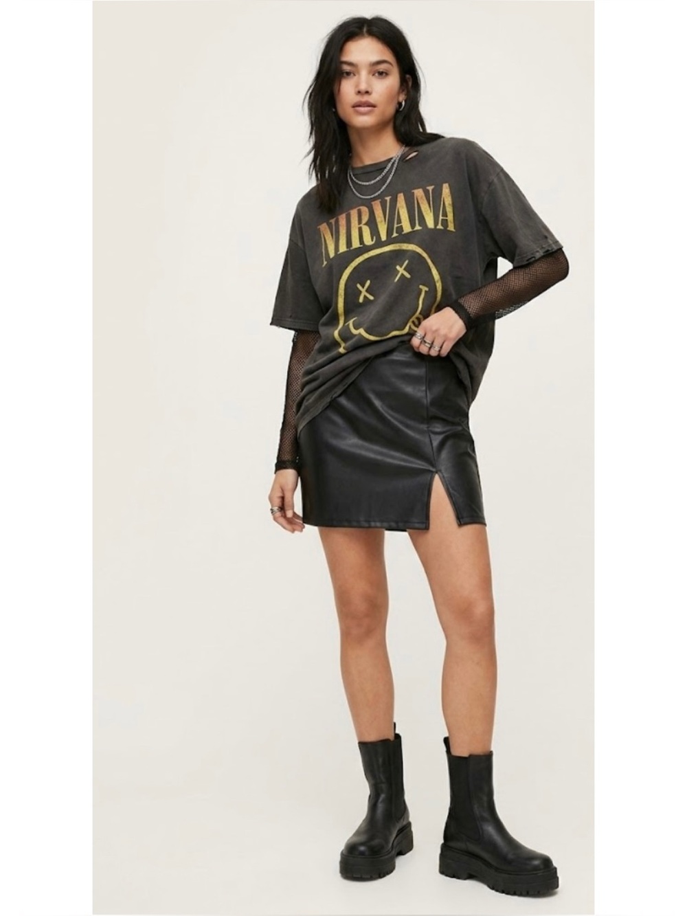 Windsor Faux Leather Mini Skirt Side Slit Back Zip 90s Grunge *Flaw*